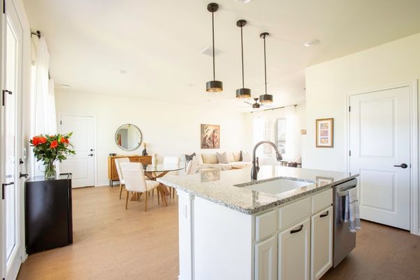 Dining room, Interior, Kitchen, Pendant Lights, Recessed Lighting, Wood Texture Flooring