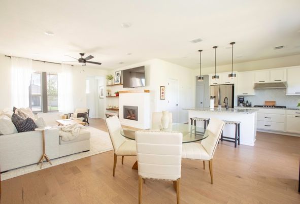 Dining room, Fireplace, Interior, Kitchen, Living room, Pendant Lights, Recessed Lighting, Wood Texture Flooring