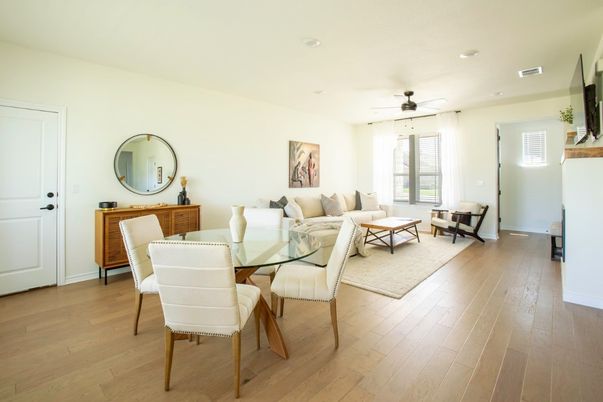 Dining room, Interior, Living room, Recessed Lighting, Wood Texture Flooring