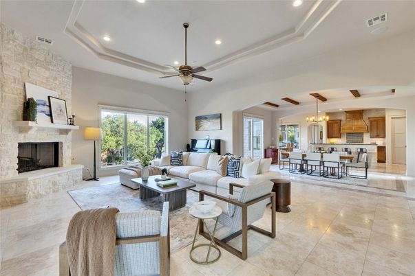 Chandelier, Dining room, Fireplace, Interior, Kitchen, Living room, Recessed Lighting, Stone Walls