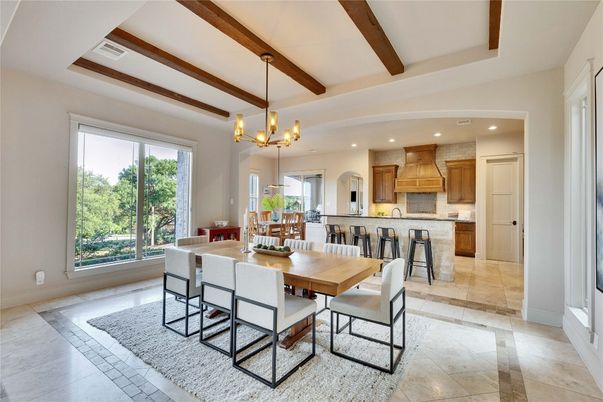 Chandelier, Dining room, Interior, Kitchen, Pendant Lights, Recessed Lighting, Wooden Beams
