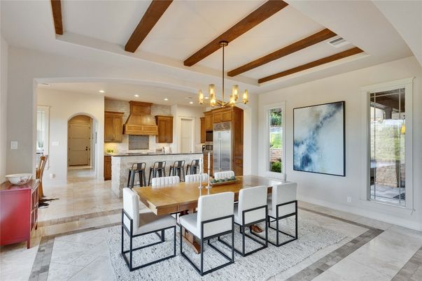 Chandelier, Dining room, Interior, Kitchen, Pendant Lights, Recessed Lighting, Stainless Steel Appliances, Wooden Beams