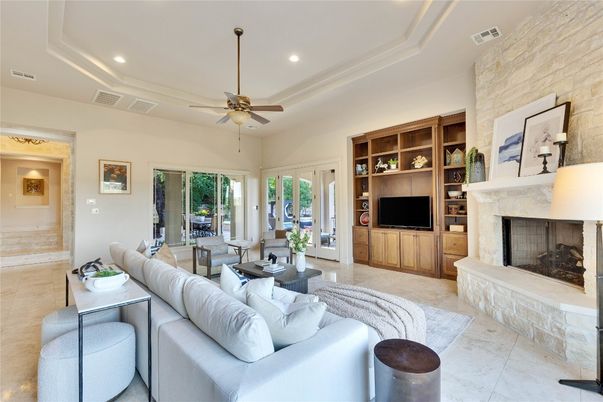 Fireplace, Interior, Living room, Recessed Lighting, Stone Walls