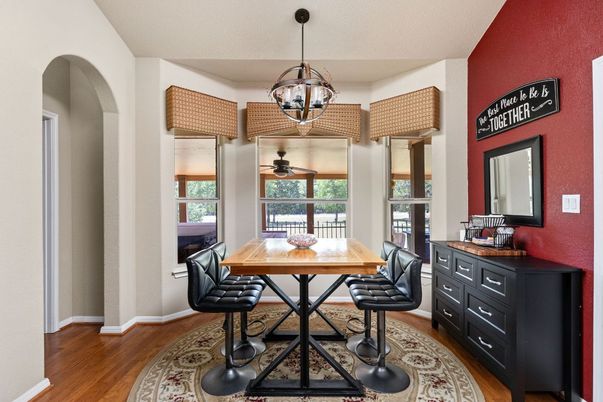 Dining room, Interior, Pendant Lights, Wood Texture Flooring