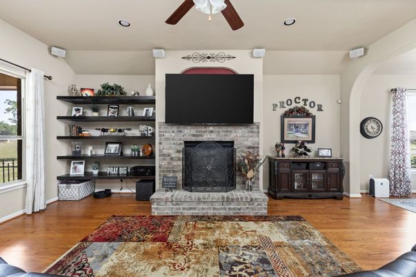 Fireplace, Interior, Recessed Lighting, Wood Texture Flooring