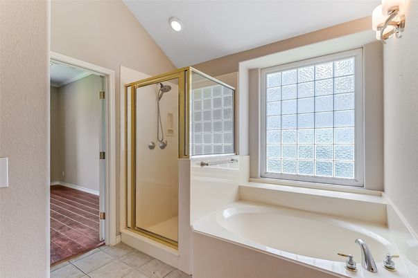 Bathroom, Glass Shower, Interior, Recessed Lighting, Wood Texture Flooring