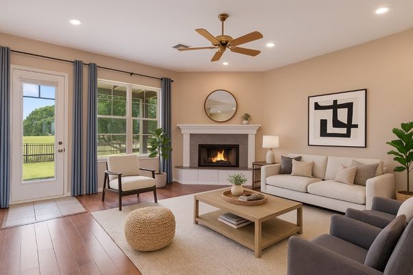 Fireplace, Interior, Living room, Recessed Lighting, Wood Texture Flooring