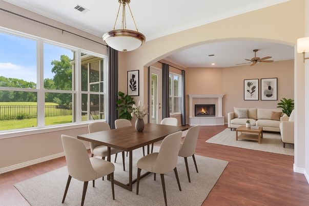 Dining room, Fireplace, Interior, Living room, Recessed Lighting, Wood Texture Flooring