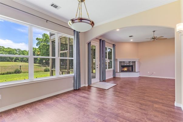 Empty room, Fireplace, Interior, Recessed Lighting, Wood Texture Flooring