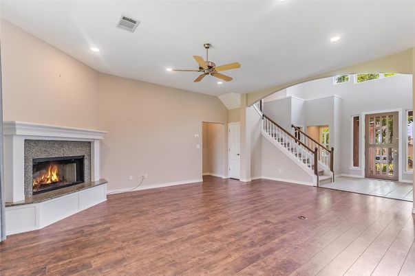 Empty room, Fireplace, Interior, Recessed Lighting, Wood Texture Flooring