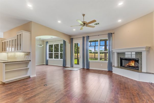 Empty room, Fireplace, Interior, Recessed Lighting, Wood Texture Flooring