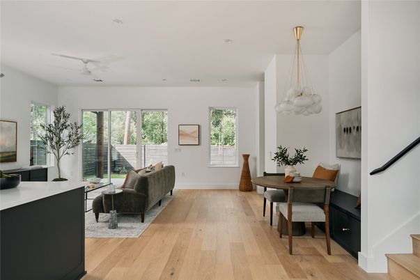Dining room, Interior, Living room, Pendant Lights, Recessed Lighting, Wood Texture Flooring