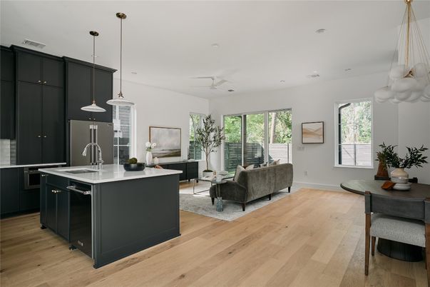Interior, Kitchen, Living room, Pendant Lights, Recessed Lighting, Wood Texture Flooring