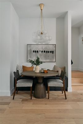 Dining room, Interior, Pendant Lights, Wood Texture Flooring