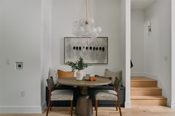 Dining room, Interior, Pendant Lights, Wood Texture Flooring