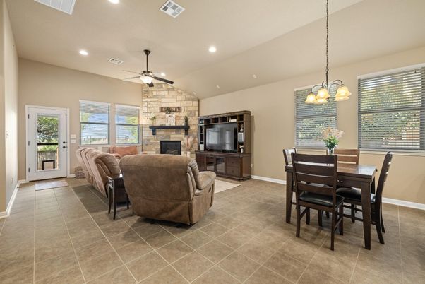 Dining room, Fireplace, Interior, Living room, Recessed Lighting, Stone Walls