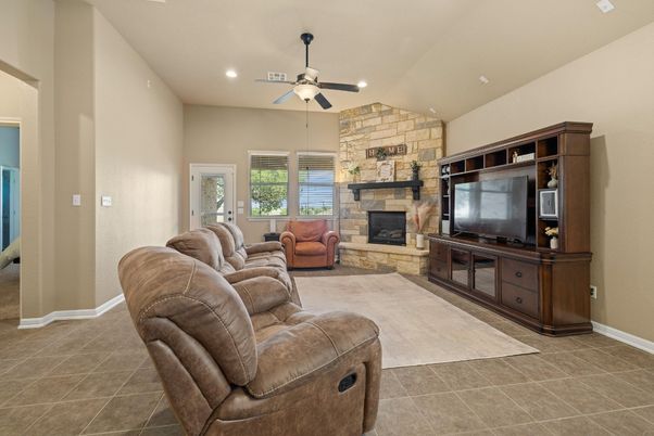 Fireplace, Interior, Living room, Recessed Lighting, Stone Walls