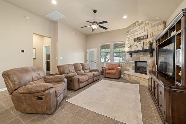 Fireplace, Interior, Living room, Recessed Lighting, Stone Walls