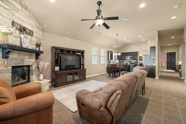 Dining room, Fireplace, Interior, Kitchen, Living room, Pendant Lights, Recessed Lighting, Stainless Steel Appliances, Stone Walls