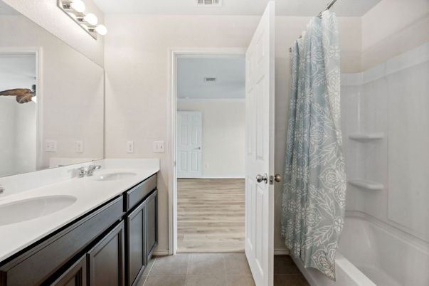 Bathroom, Dual Sink Vanities, Interior, Wood Texture Flooring