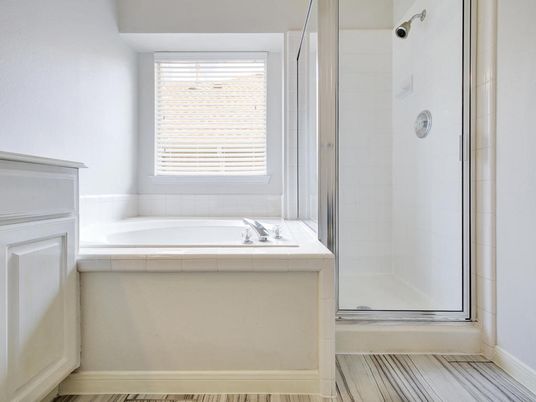 Bathroom, Glass Shower, Interior, Tile Countertops, Wood Texture Flooring
