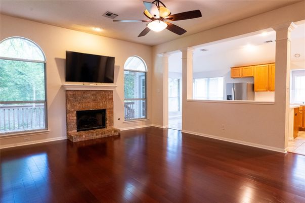Empty room, Fireplace, Interior, Recessed Lighting, Wood Texture Flooring