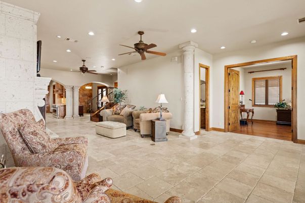 Interior, Living room, Recessed Lighting, Stone Walls, Wood Texture Flooring
