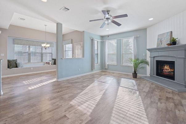 Chandelier, Empty room, Fireplace, Interior, Recessed Lighting, Wood Texture Flooring