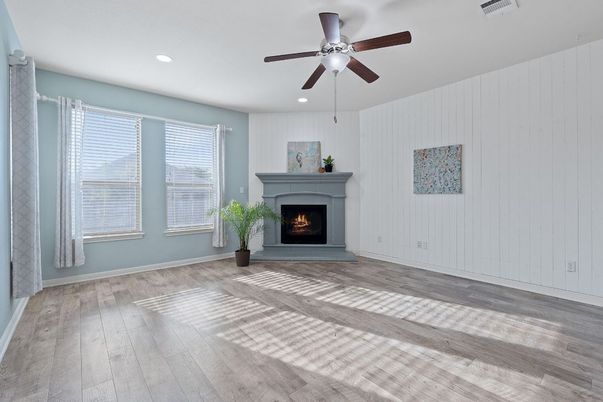 Empty room, Fireplace, Interior, Recessed Lighting, Wood Texture Flooring