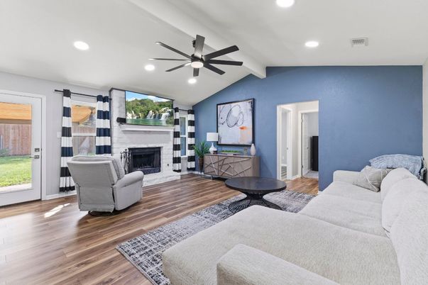 Fireplace, Interior, Living room, Recessed Lighting, Wood Texture Flooring
