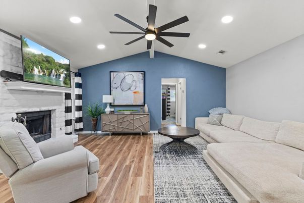 Fireplace, Interior, Living room, Recessed Lighting, Wood Texture Flooring