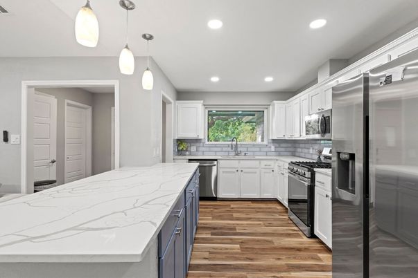 Interior, Kitchen, Pendant Lights, Recessed Lighting, Stainless Steel Appliances, Wood Texture Flooring