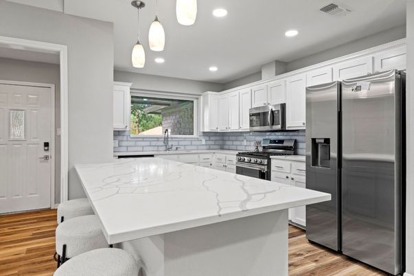 Interior, Kitchen, Pendant Lights, Recessed Lighting, Stainless Steel Appliances, Wood Texture Flooring