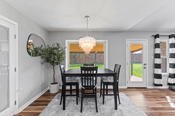 Chandelier, Dining room, Interior, Wood Texture Flooring