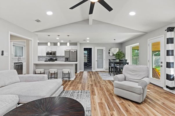 Dining room, Interior, Kitchen, Living room, Pendant Lights, Recessed Lighting, Stainless Steel Appliances, Wood Texture Flooring