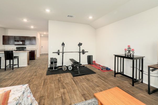 Fitness Equipment, Interior, Kitchen, Recessed Lighting, Wood Texture Flooring