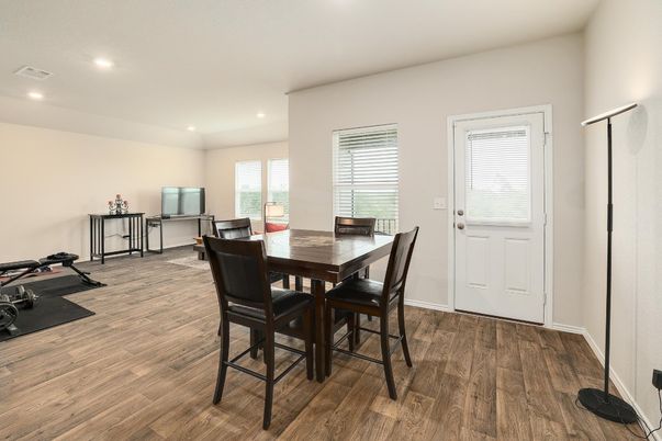 Dining room, Fitness Equipment, Interior, Recessed Lighting, Wood Texture Flooring