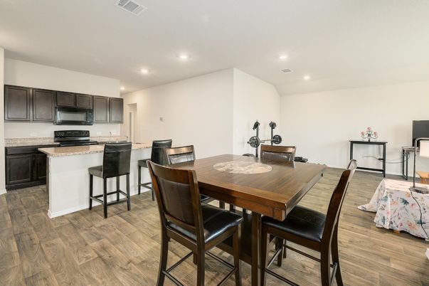 Dining room, Interior, Kitchen, Recessed Lighting, Wood Texture Flooring