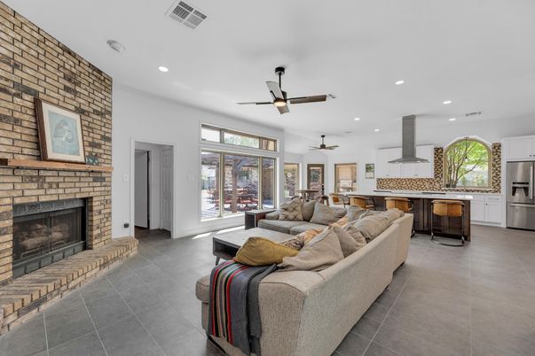 Fireplace, Interior, Kitchen, Living room, Recessed Lighting, Stone Walls