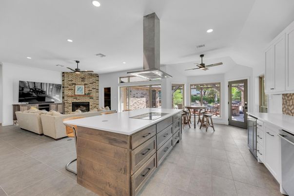 Dining room, Fireplace, Interior, Kitchen, Living room, Recessed Lighting