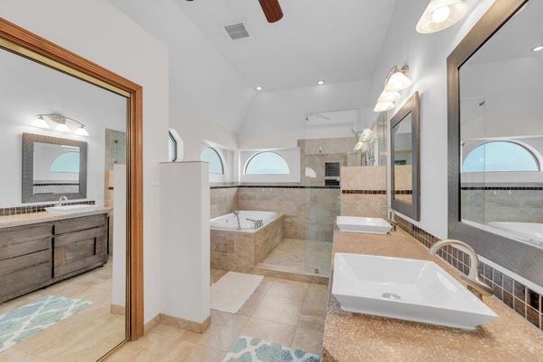 Bathroom, Dual Sink Vanities, Glass Shower, Interior, Recessed Lighting