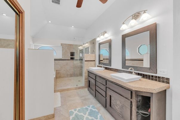 Bathroom, Dual Sink Vanities, Glass Shower, Interior, Recessed Lighting