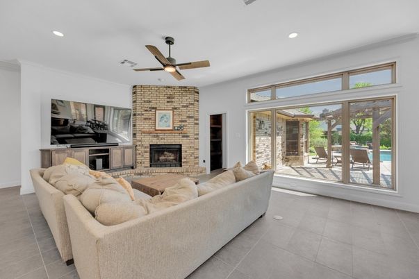 Fireplace, Interior, Living room, Recessed Lighting, Stone Walls