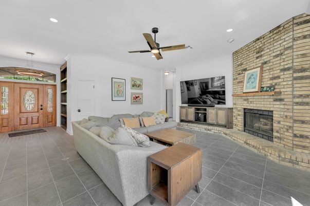 Fireplace, Interior, Living room, Recessed Lighting, Stone Walls