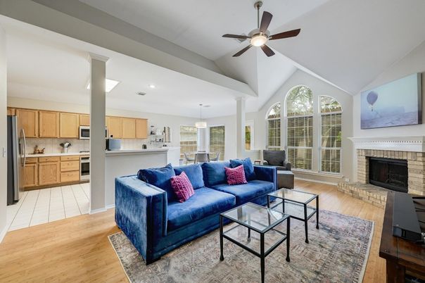 Fireplace, Interior, Kitchen, Living room, Pendant Lights, Recessed Lighting, Wood Texture Flooring