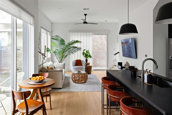Dining room, Interior, Pendant Lights, Recessed Lighting, Wood Texture Flooring