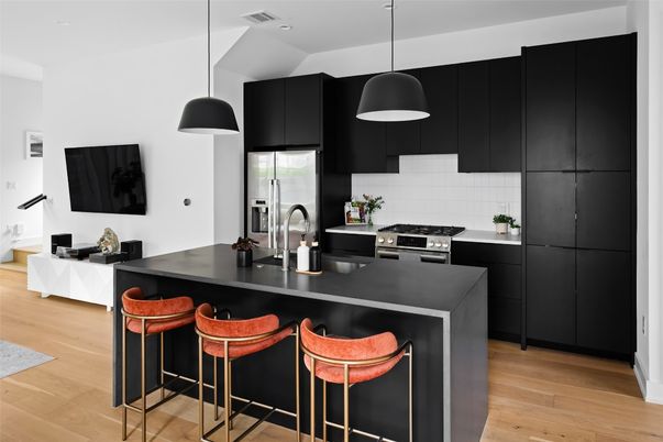 Interior, Kitchen, Pendant Lights, Stainless Steel Appliances, Wood Texture Flooring
