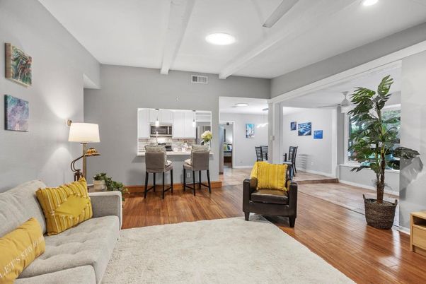 Dining room, Interior, Kitchen, Living room, Recessed Lighting, Stainless Steel Appliances, Wood Texture Flooring