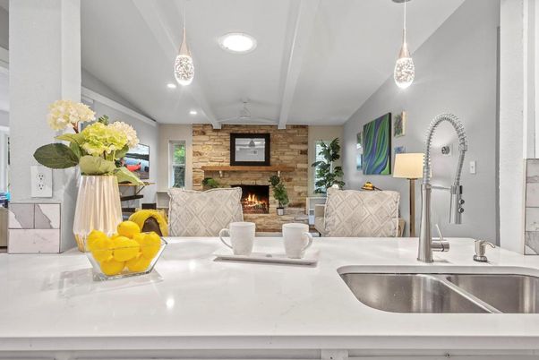 Fireplace, Interior, Kitchen, Pendant Lights, Recessed Lighting, Stone Walls