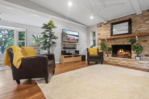 Fireplace, Interior, Recessed Lighting, Stone Walls, Wood Texture Flooring